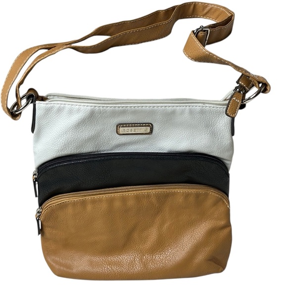 Rosetti Crossbody Purse Cream Black Tan‎ 3 Section Zip Adjustable Strap - Picture 1 of 11
